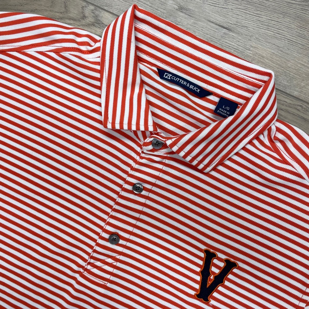Cutter & Buck Polo Shirt Mens L Orange Striped Virginia Cavaliers V Logo Golf
